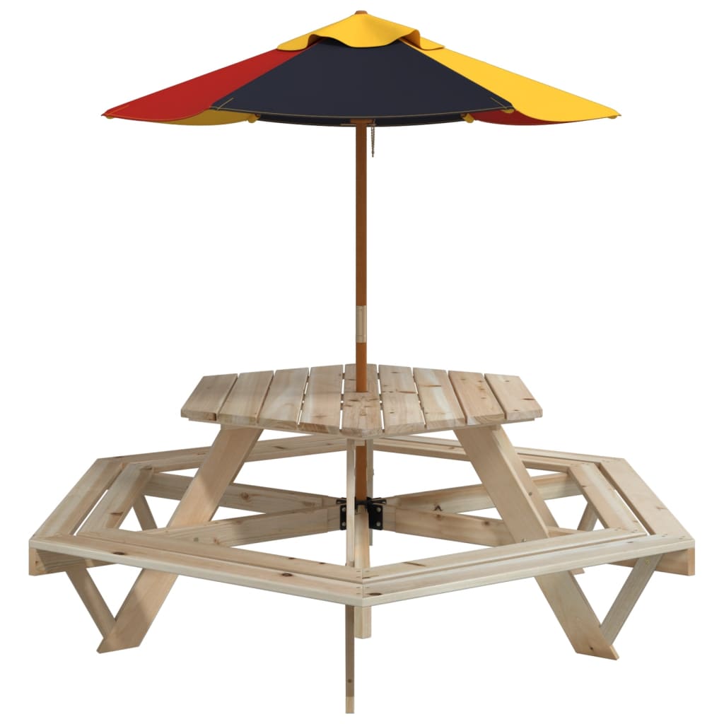 Tavolo Picnic per 6 Bambini con Ombrellone Esagono Legno Abete