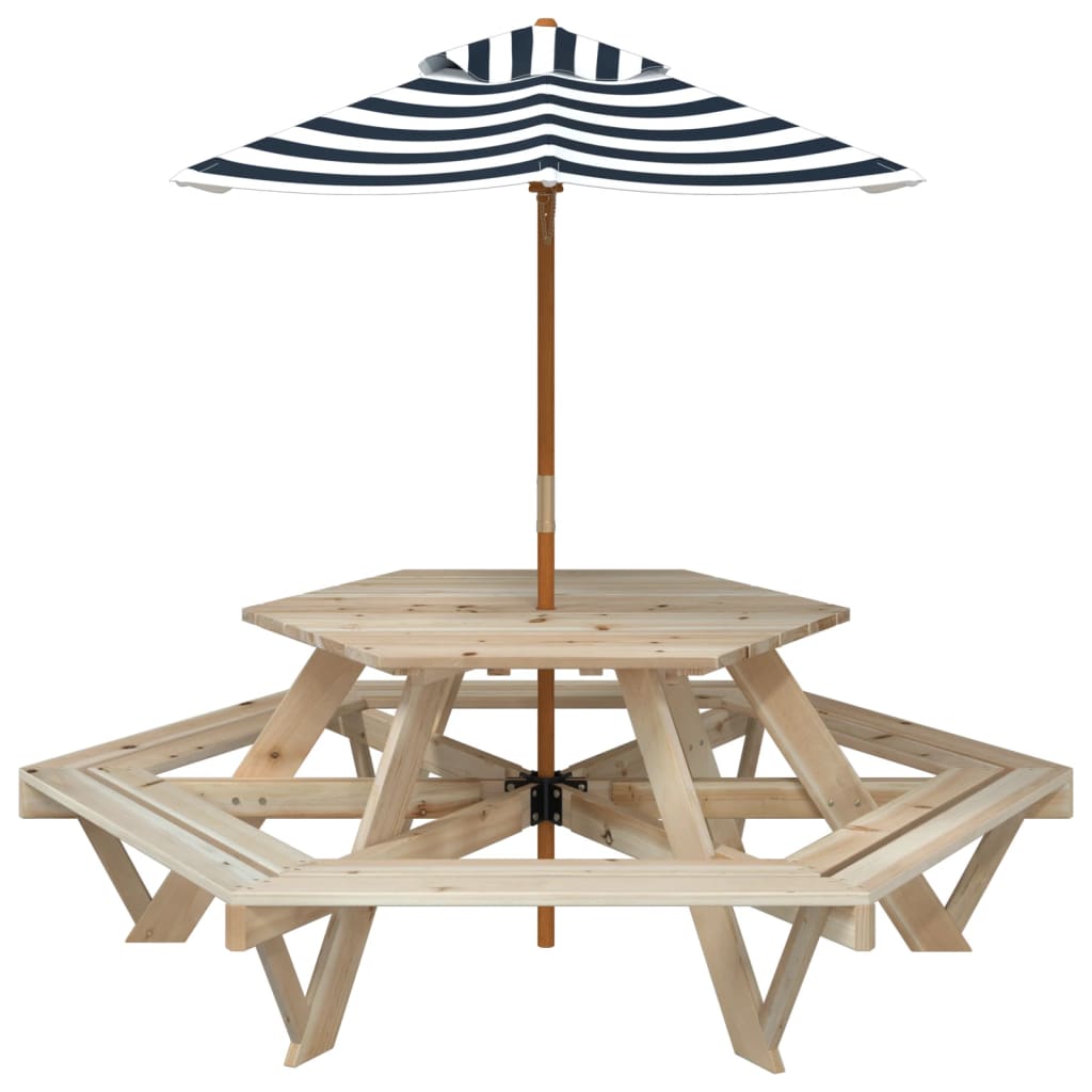 Tavolo Picnic per 6 Bambini con Ombrellone Esagono Legno Abete