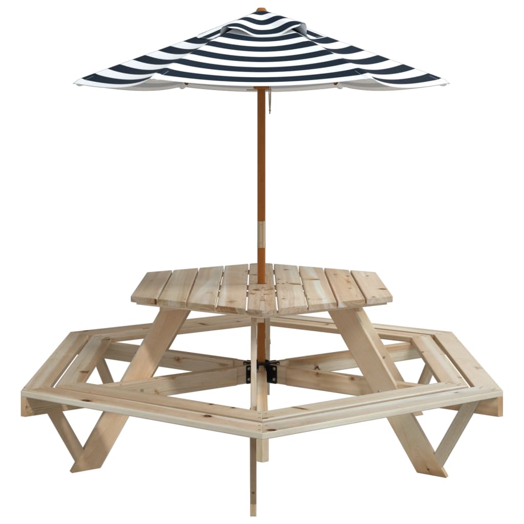 Tavolo Picnic per 6 Bambini con Ombrellone Esagono Legno Abete