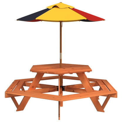 Tavolo Picnic per 6 Bambini con Ombrellone Esagono Legno Abete