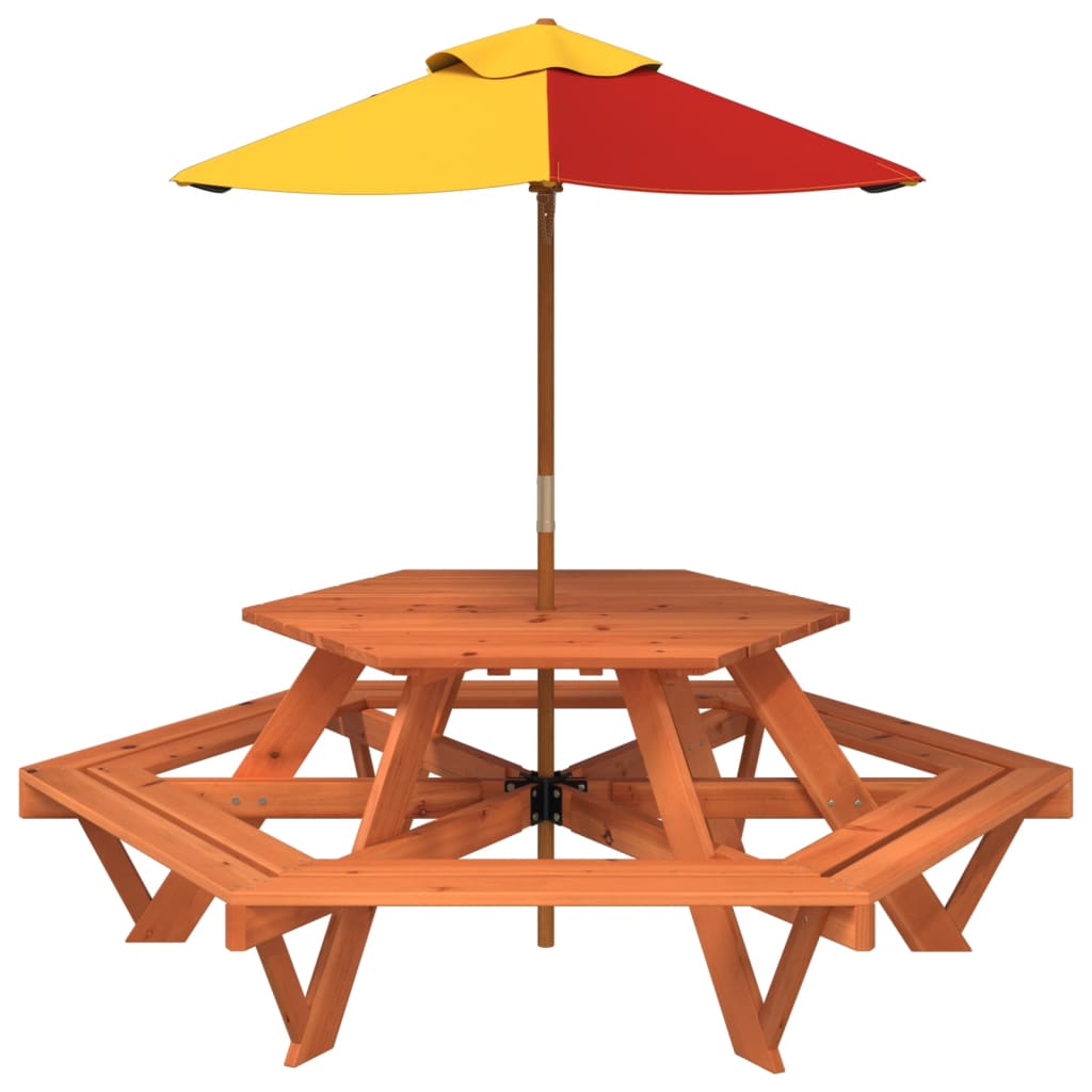 Tavolo Picnic per 6 Bambini con Ombrellone Esagono Legno Abete