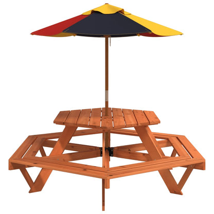 Tavolo Picnic per 6 Bambini con Ombrellone Esagono Legno Abete