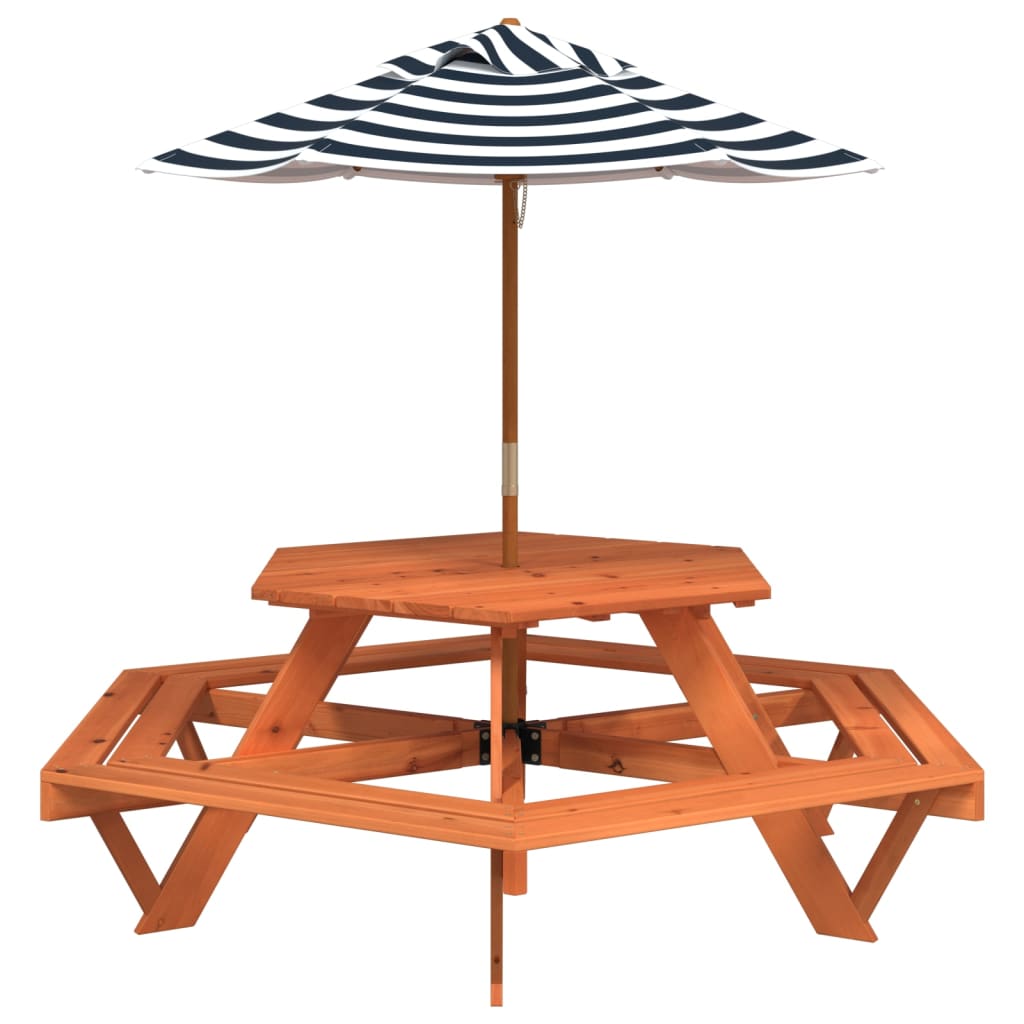 Tavolo Picnic per 6 Bambini con Ombrellone Esagono Legno Abete