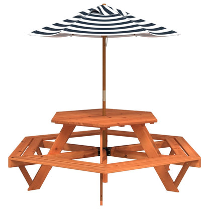 Tavolo Picnic per 6 Bambini con Ombrellone Esagono Legno Abete