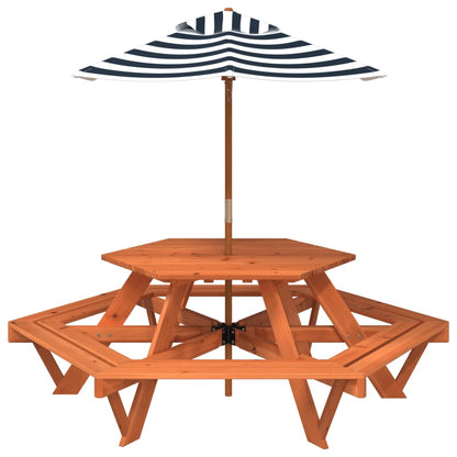 Tavolo Picnic per 6 Bambini con Ombrellone Esagono Legno Abete