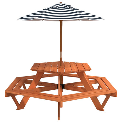Tavolo Picnic per 6 Bambini con Ombrellone Esagono Legno Abete