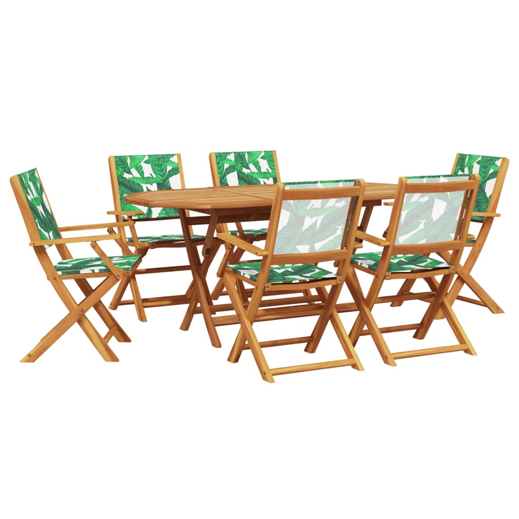 Set Pranzo da Giardino 7 pz Foglie in Tessuto e Legno Massello