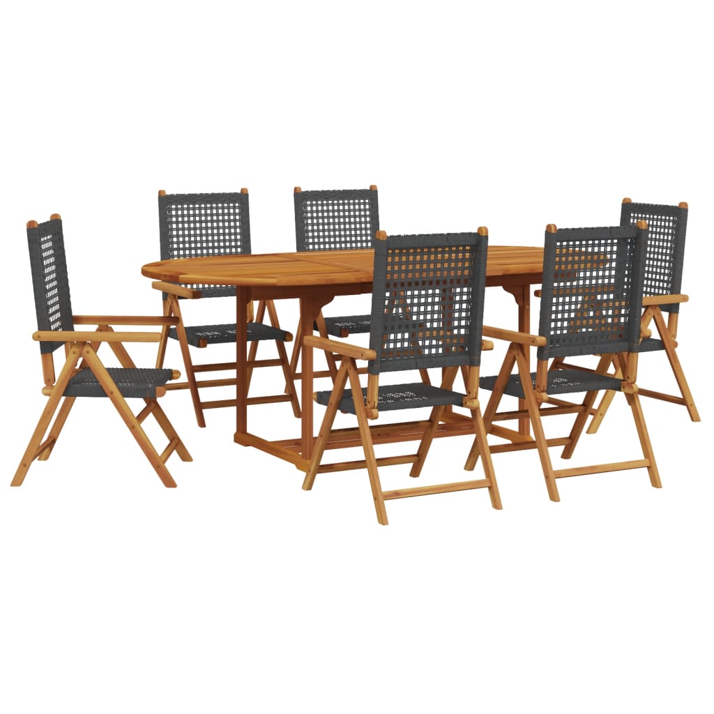 Set Pranzo Giardino 7 pz Nero in Polyrattan e Legno Massello