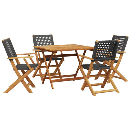 Set da Pranzo per Giardino 5pz Nero Polyrattan e Legno Massello