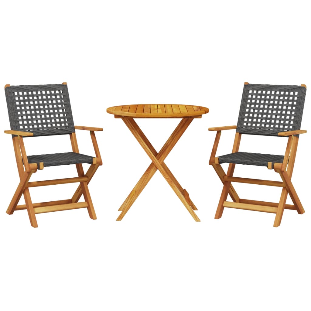 Set da Bistrot 3 pz Nero in Polyrattan e Legno Massello