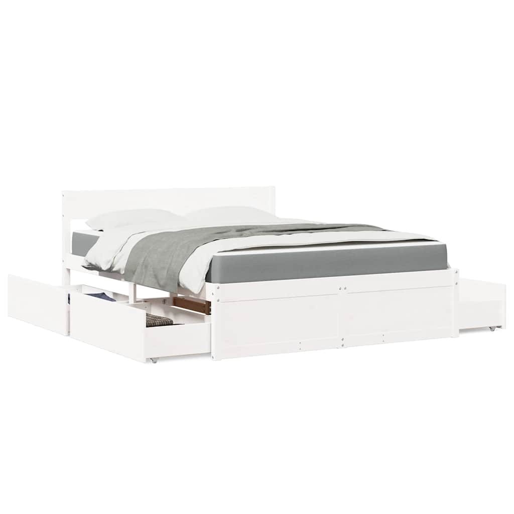 Letto Cassetti e Materasso Bianco 140x200cm Legno Massello Pino