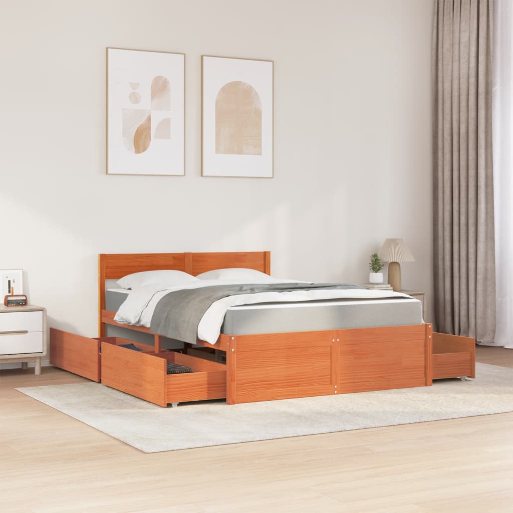 Letto Cassetti e Materasso Marrone Cera 120x200cm Massello Pino