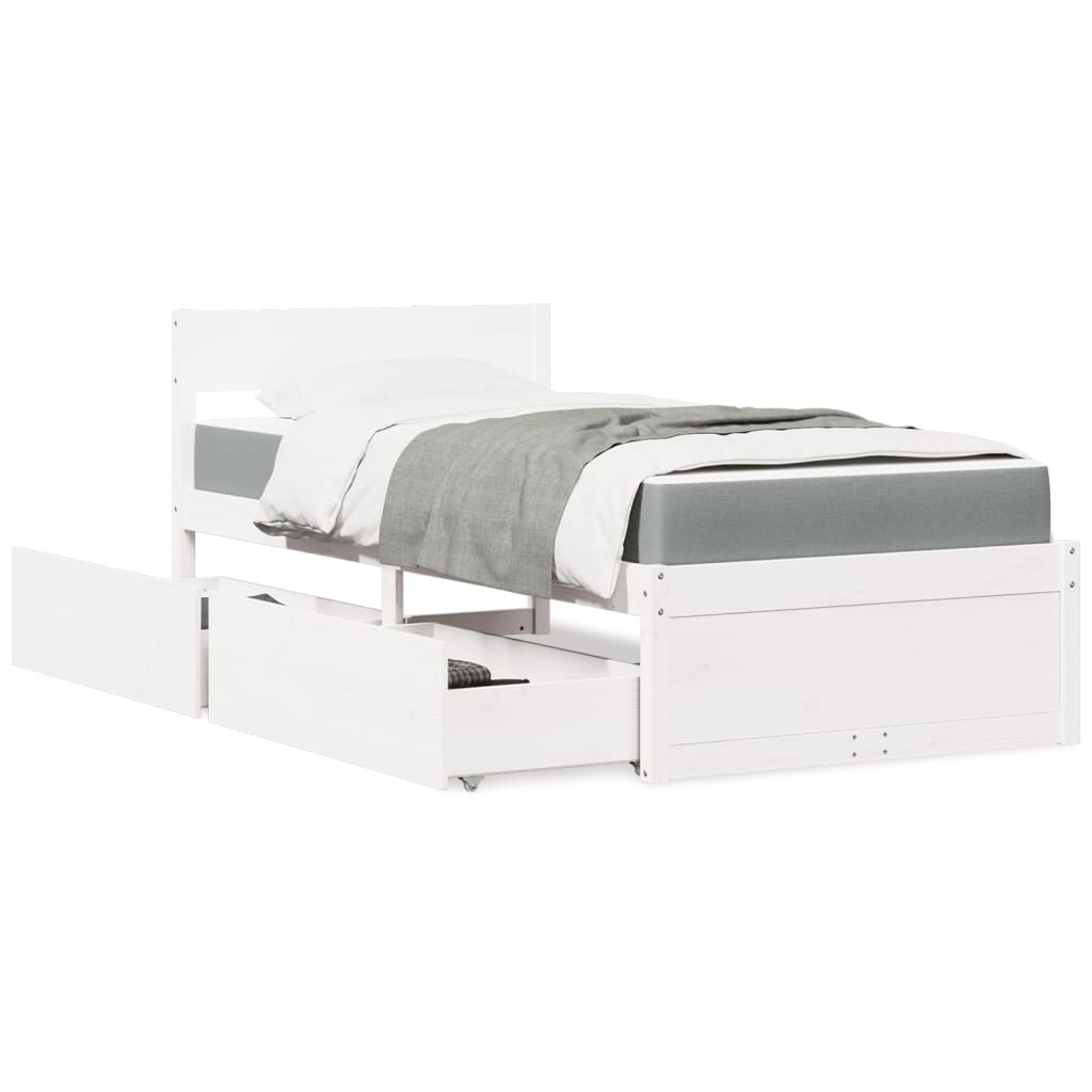 Letto Cassetti e Materasso Bianco 100x200cm Legno Massello Pino