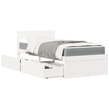 Letto Cassetti e Materasso Bianco 100x200cm Legno Massello Pino