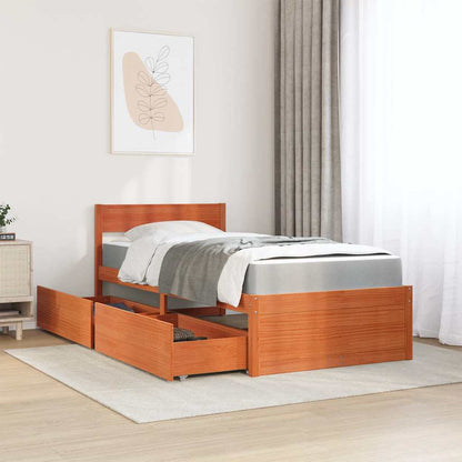 Letto Cassetti e Materasso Marrone Cera 90x200cm Massello Pino