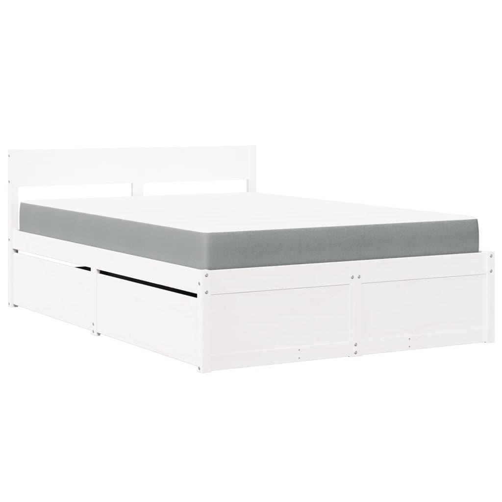Letto Cassetti e Materasso Bianco 140x190cm Legno Massello Pino