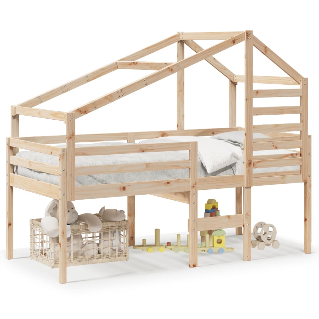 Letto a Soppalco con Tetto 90x190 cm Legno Massello di Pino