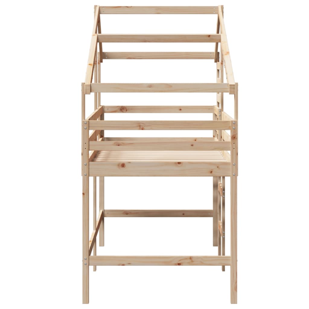 Letto Soppalco con Scala e Tetto 90x200 cm Legno Massello Pino