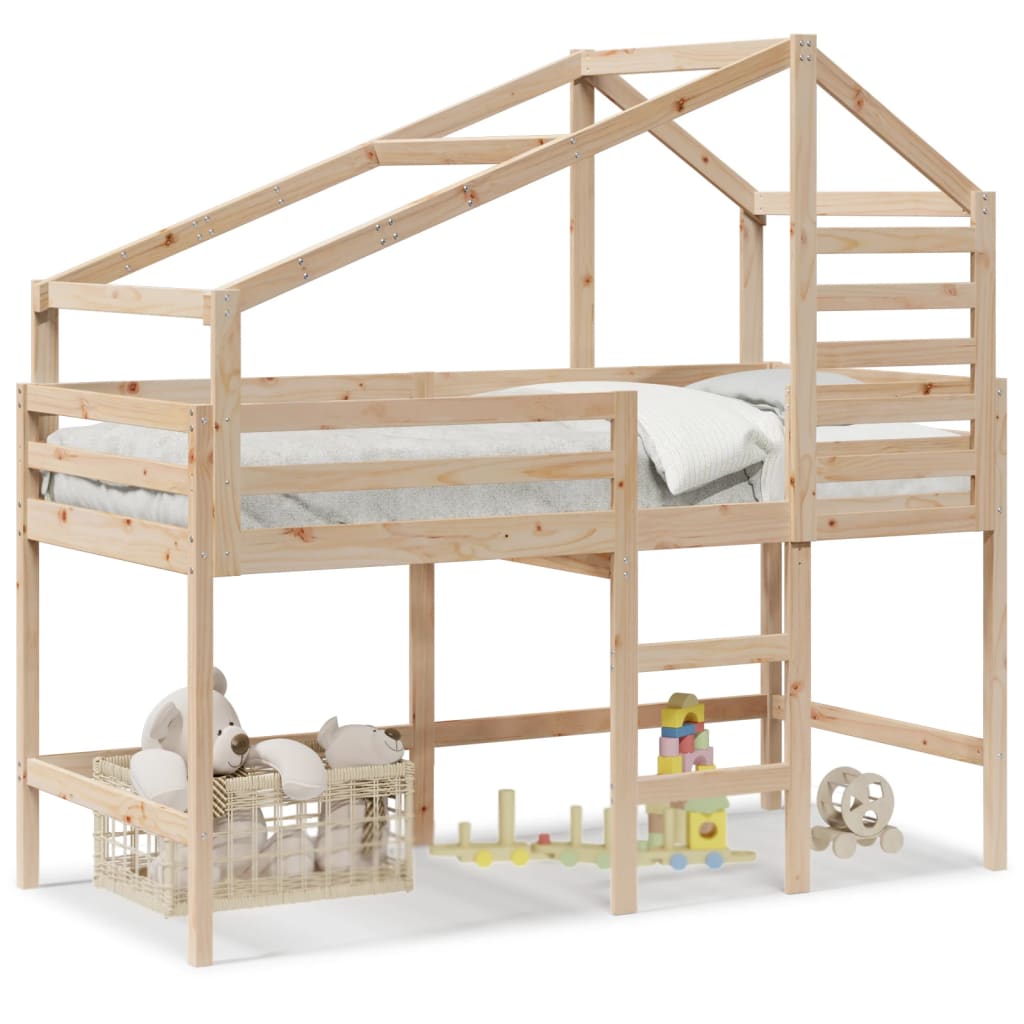 Letto Soppalco con Scala e Tetto 90x190 cm Legno Massello Pino