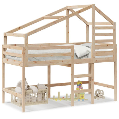 Letto Soppalco con Scala e Tetto 90x190 cm Legno Massello Pino