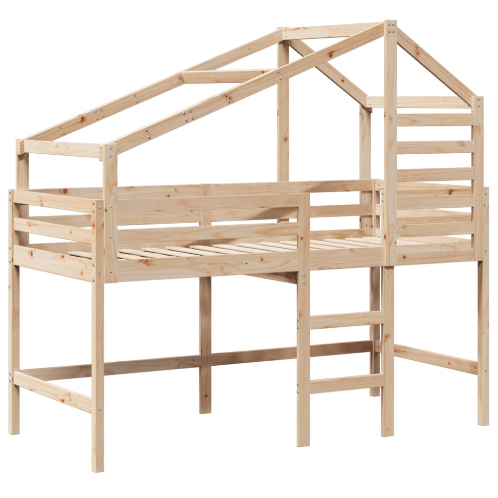 Letto Soppalco con Scala e Tetto 90x190 cm Legno Massello Pino