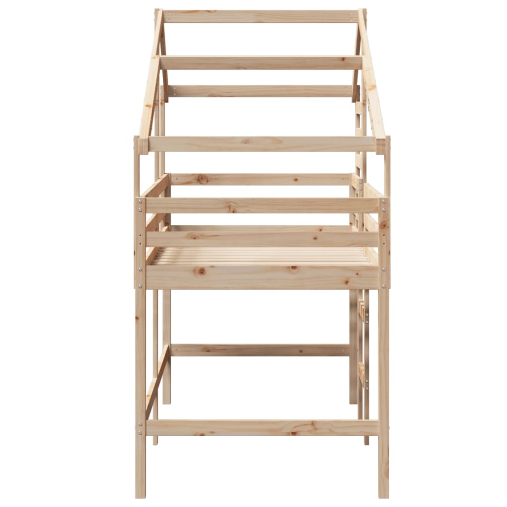 Letto Soppalco con Scala e Tetto 90x190 cm Legno Massello Pino