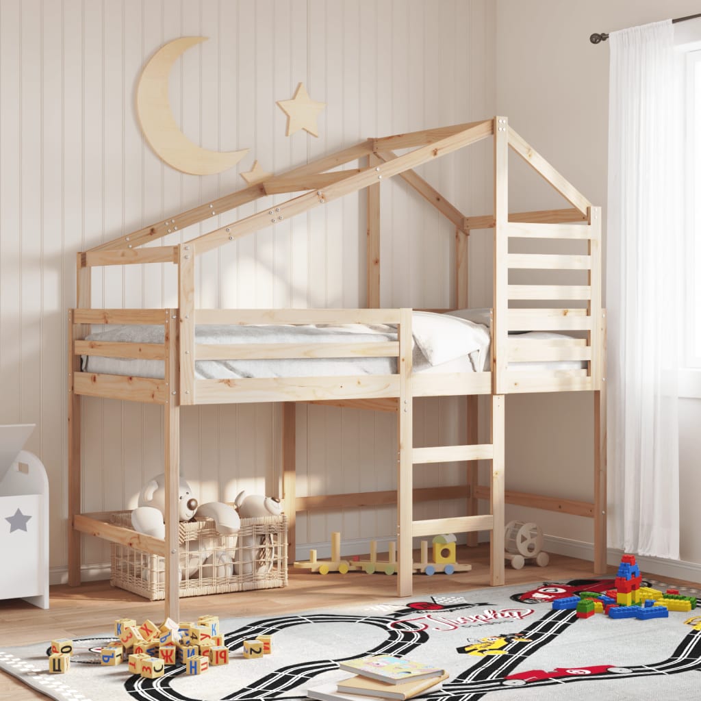 Letto Soppalco con Scala e Tetto 90x190 cm Legno Massello Pino