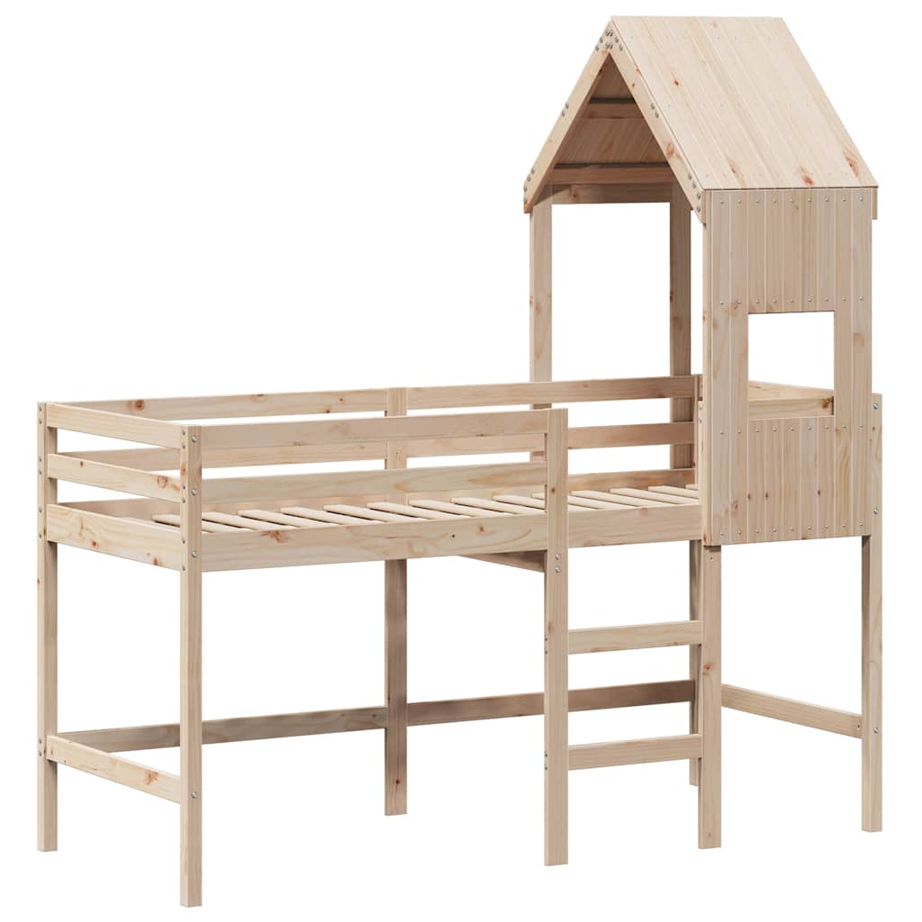 Letto Soppalco con Scala e Tetto 90x190 cm Legno Massello Pino