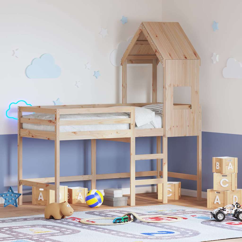 Letto Soppalco con Scala e Tetto 90x190 cm Legno Massello Pino
