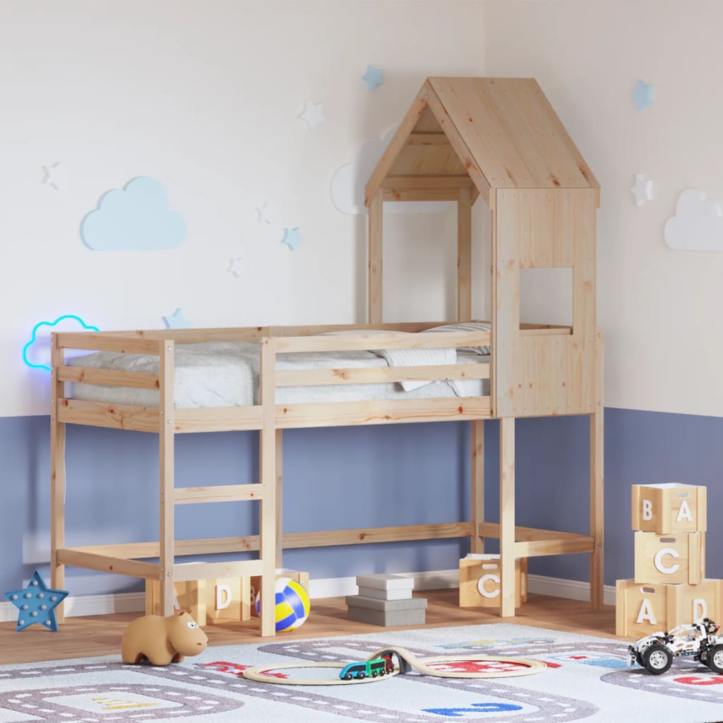 Letto Soppalco con Scala e Tetto 90x190 cm Legno Massello Pino