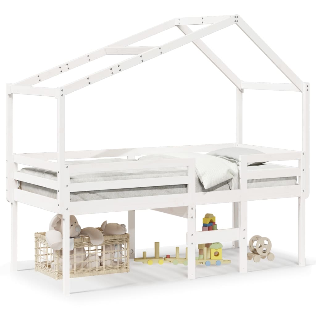 Letto a Soppalco con Tetto Bianco 90x190 cm in Legno di Pino