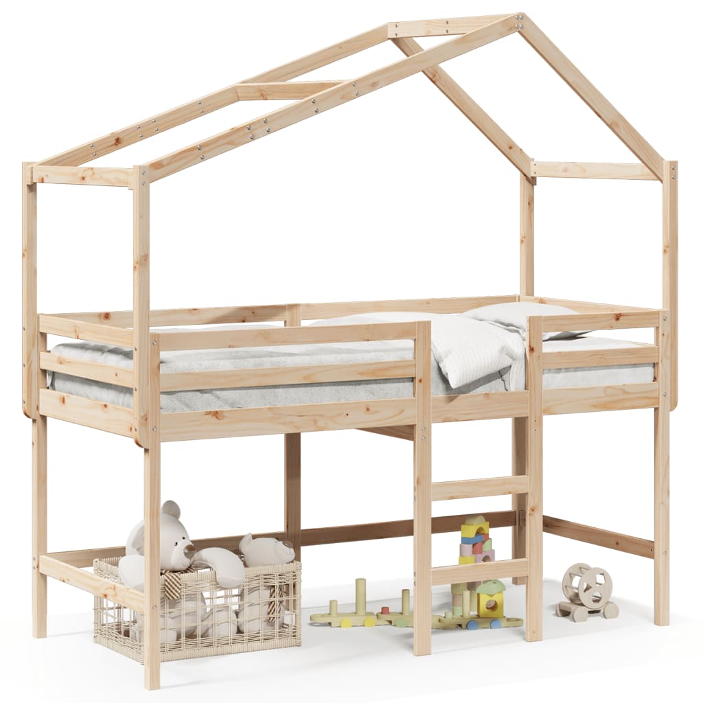 Letto Soppalco con Scala e Tetto 90x190 cm Legno Massello Pino