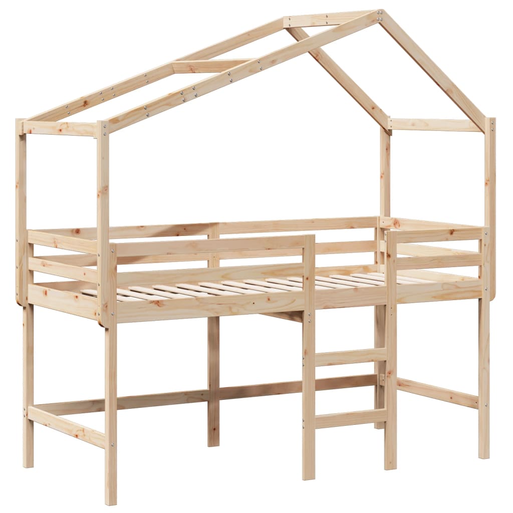 Letto Soppalco con Scala e Tetto 90x190 cm Legno Massello Pino
