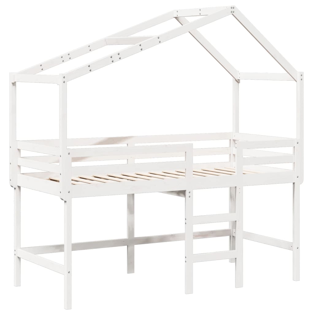 Letto Soppalco con Scala e Tetto Bianco 90x190 cm Massello Pino