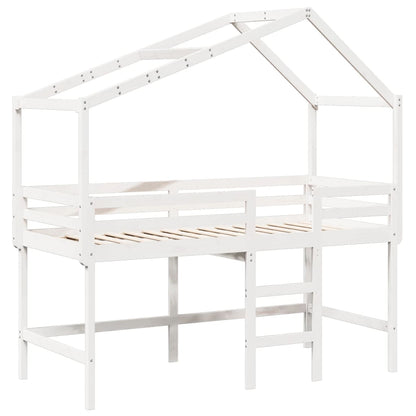 Letto Soppalco con Scala e Tetto Bianco 90x190 cm Massello Pino