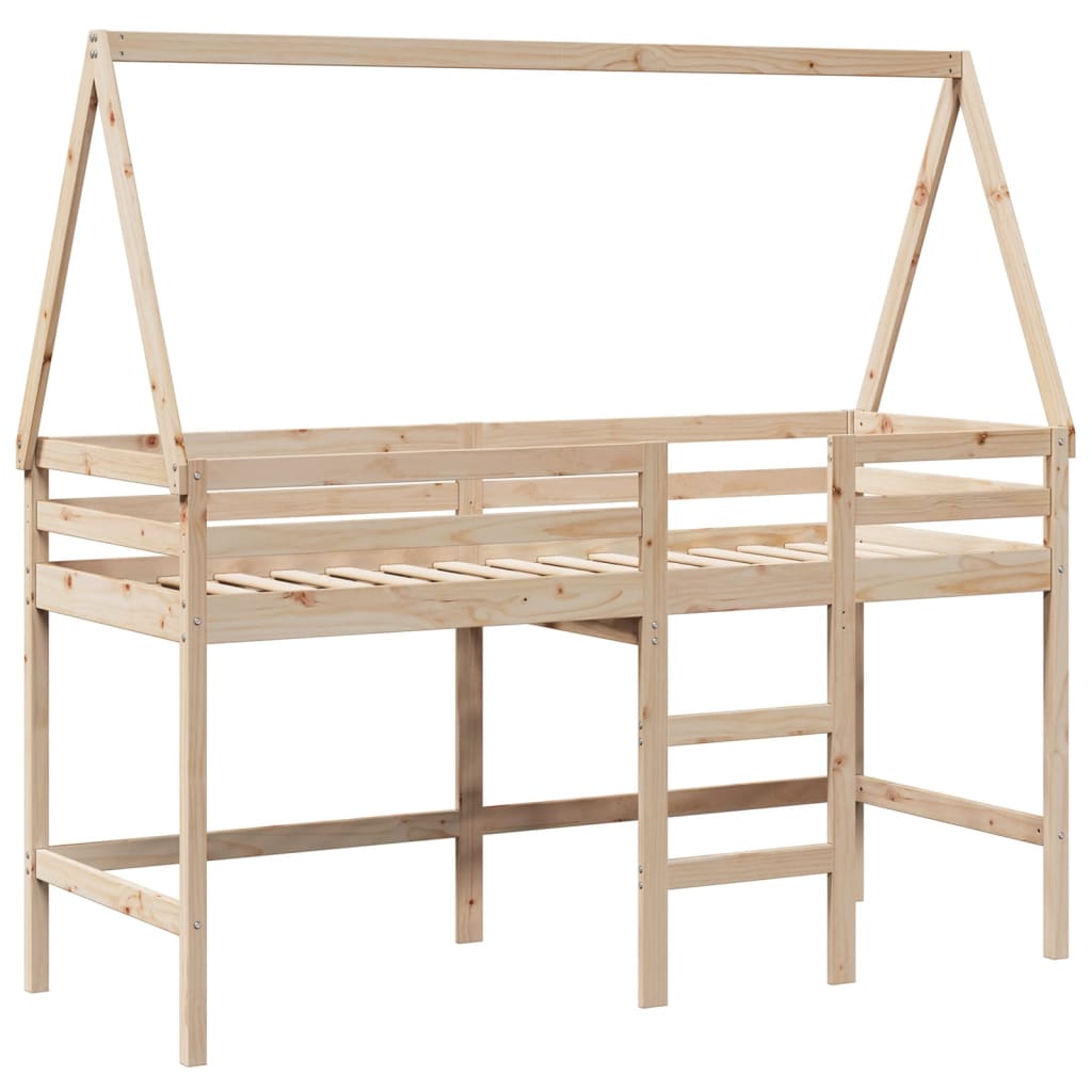 Letto Soppalco con Scala e Tetto 90x200 cm Legno Massello Pino