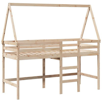 Letto Soppalco con Scala e Tetto 90x200 cm Legno Massello Pino