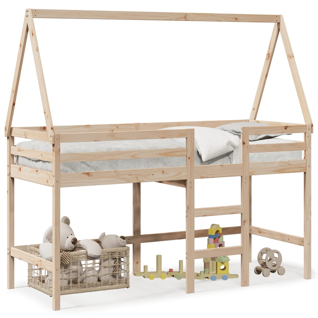 Letto Soppalco con Scala e Tetto 90x190 cm Legno Massello Pino