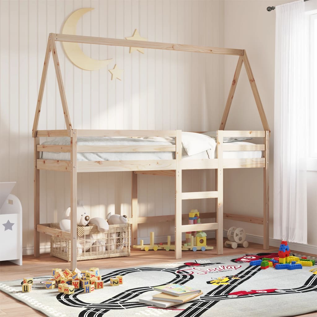 Letto Soppalco con Scala e Tetto 90x190 cm Legno Massello Pino