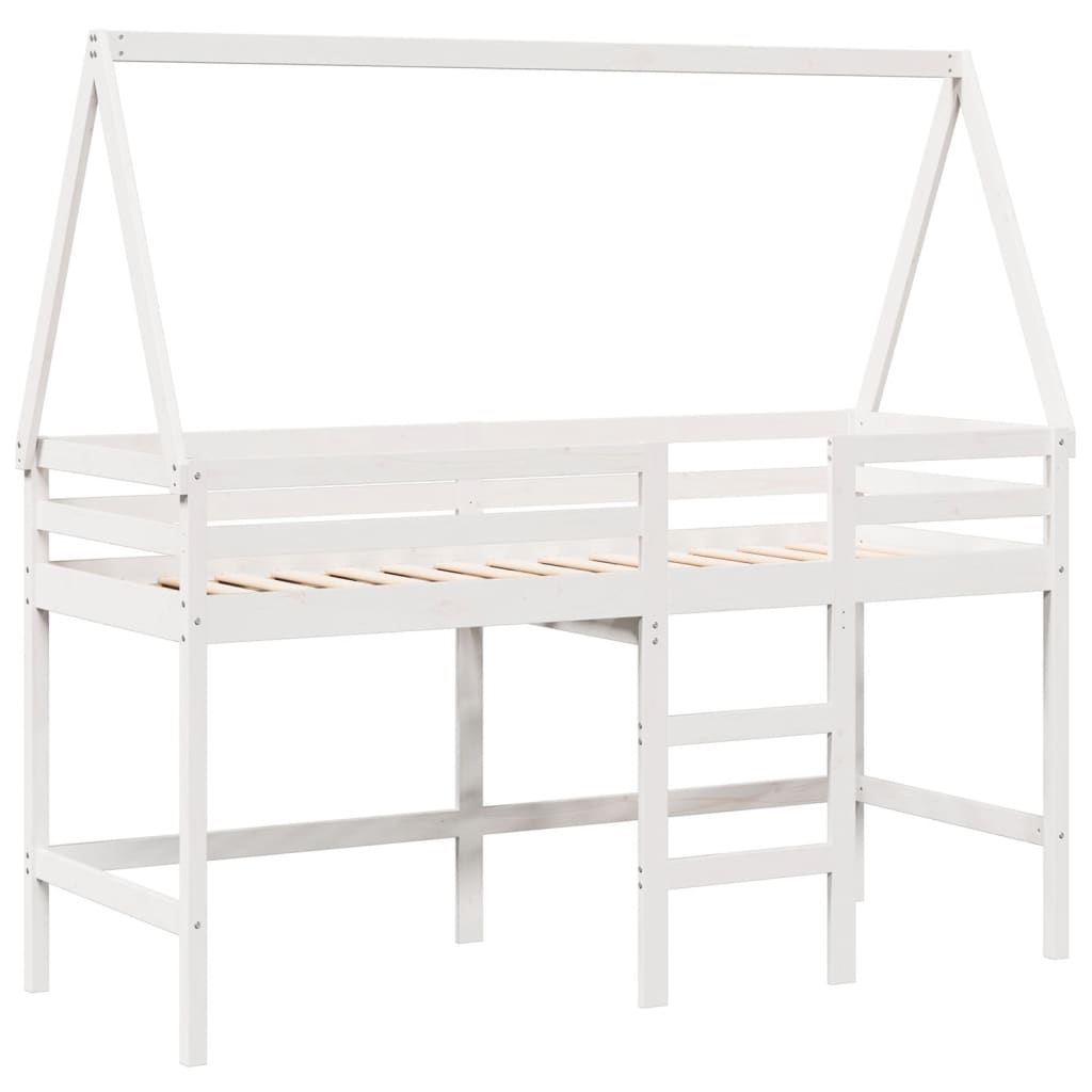 Letto Soppalco con Scala e Tetto Bianco 90x190 cm Massello Pino