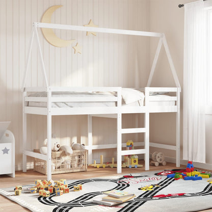 Letto Soppalco con Scala e Tetto Bianco 90x190 cm Massello Pino