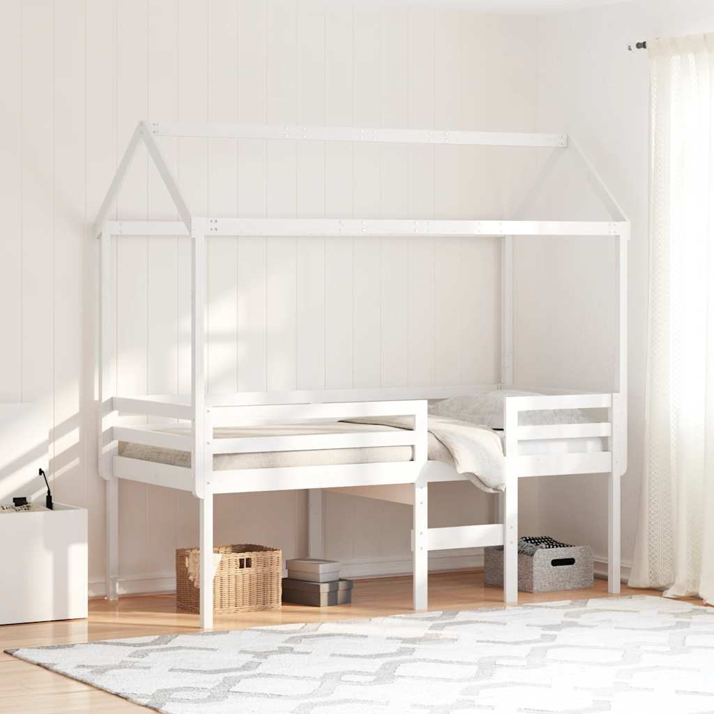 Letto a Soppalco con Tetto Bianco 90x200 cm in Legno di Pino