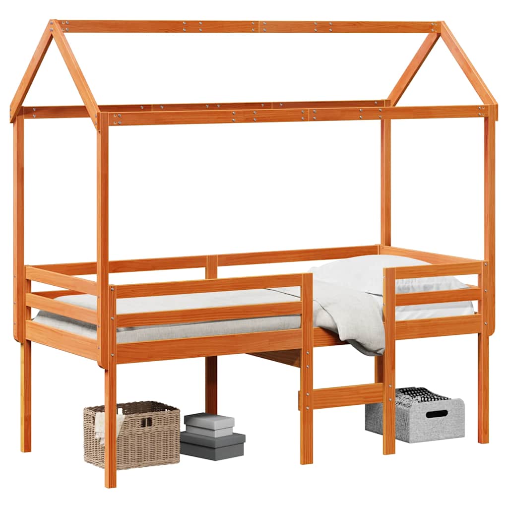 Letto a Soppalco con Tetto Cera 80x200 cm in Legno di Pino