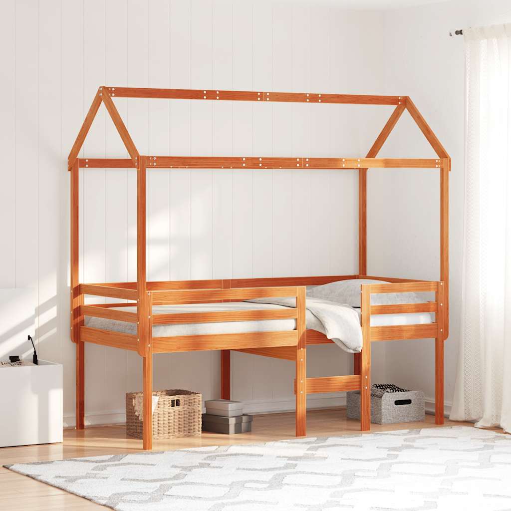 Letto a Soppalco con Tetto Cera 80x200 cm in Legno di Pino