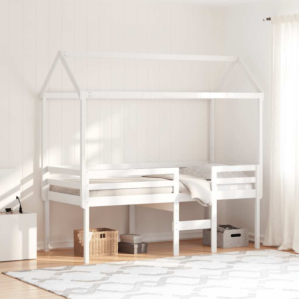 Letto a Soppalco con Tetto Bianco 90x190 cm in Legno di Pino