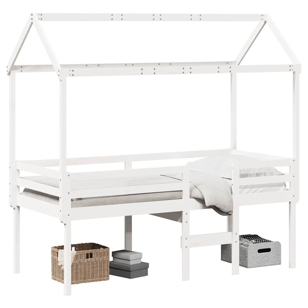 Letto a Soppalco con Tetto Bianco 75x190 cm in Legno di Pino