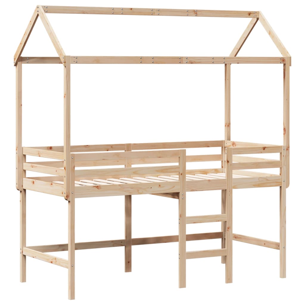 Letto Soppalco con Scala e Tetto 90x200 cm Legno Massello Pino