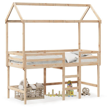 Letto Soppalco con Scala e Tetto 90x190 cm Legno Massello Pino