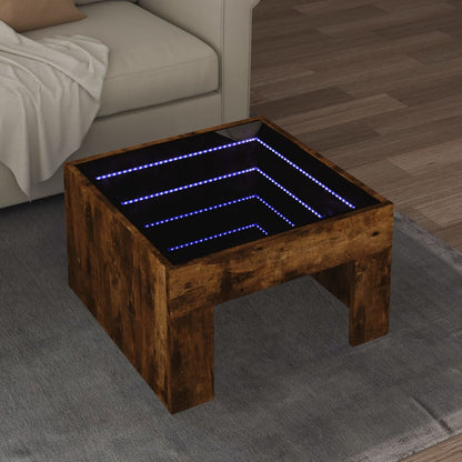 Tavolino da Salotto con LED Infinity Rovere Fumo 50x50x30 cm