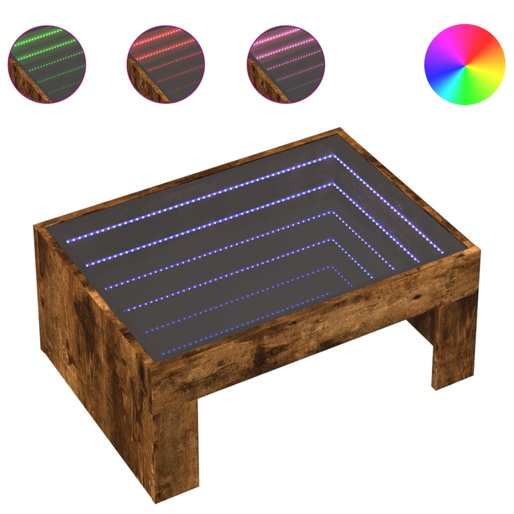 Tavolino da Salotto con LED Infinity Rovere Fumo 70x50x30 cm